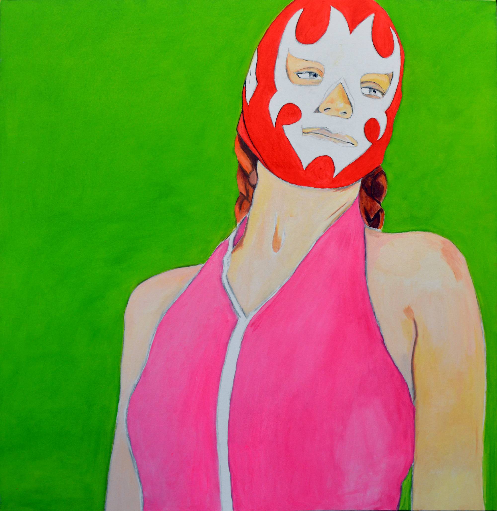 Painted portrait of a woman wearing a mask.